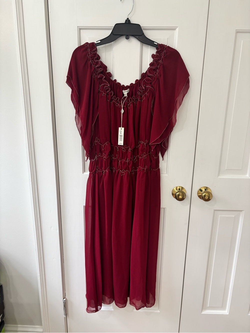 Max Studio Wine Ruffle Sleeve Midi Dress